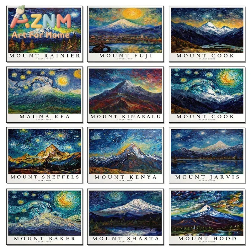 Mount Fuji Baker Kenya Kings Peak Van Gogh Starry Night Poster Print Wall Art Pictures Canvas Painting Living Room Home Decor