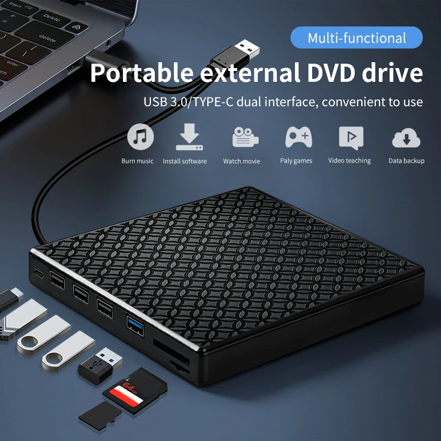 External DVD Drive USB 3.0 Type-C CD Burner 7-in-1 Hub SD/TF Card Reader PD Charging Portable Optical Drive for Laptop PC Mac