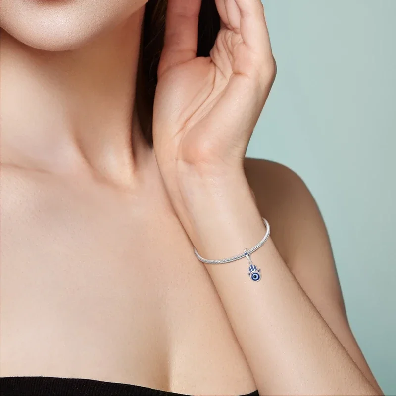 925 Sterling Silver Hamsa Hand Evil Eye Charms Color S925 Beads Pendent Fit Original Bracelets DIY Fine Jewelry Gifts for Women