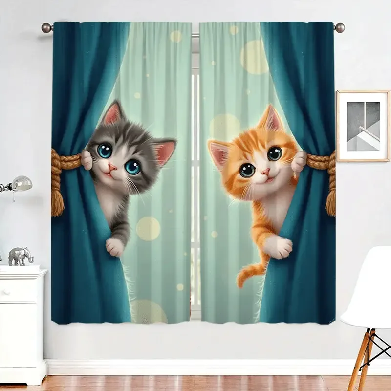 Cute Kitten Curtain Pair for Living Room Home Decor Window Treatment Light Filtering Style