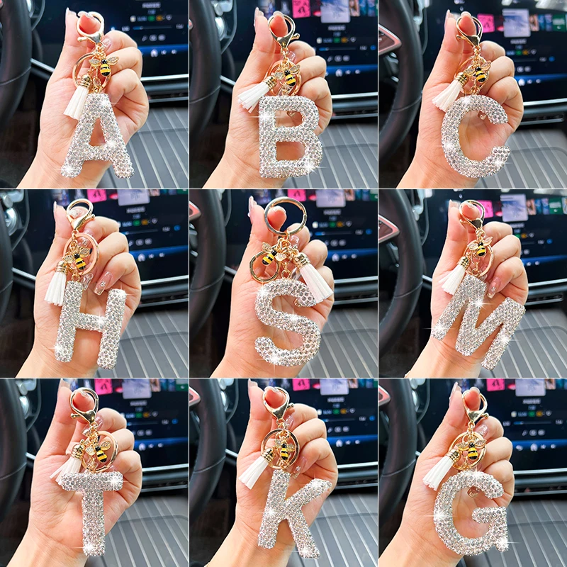 Linda abeja con diamantes, letras en inglés, llavero de coche, accesorios, moda, borlas, bolsos, colgantes, llaveros