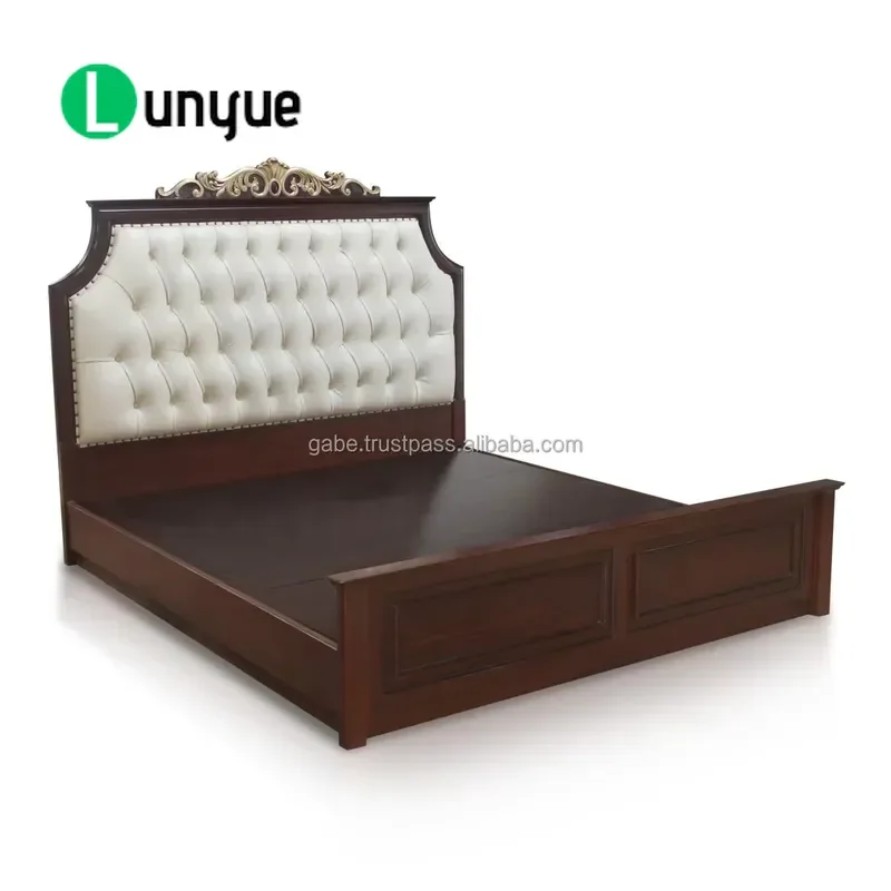 Modern Carved Solid Mahogany Bed Dark Brown Upholstered Headboard Durable Wooden Frame Bedroom Furniture Elegant Design