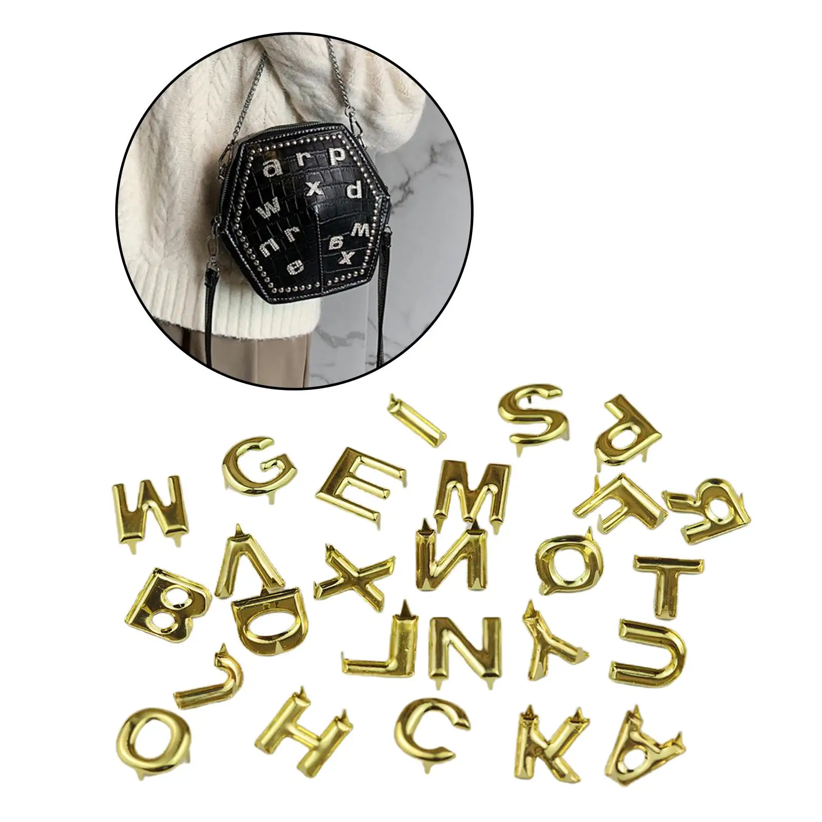 26Pcs Golden Tone Letter Nailhead Rivets Studs Buttons with Spikes Shoes Bag Clothes DIY Leathercraft Crafts Supplies