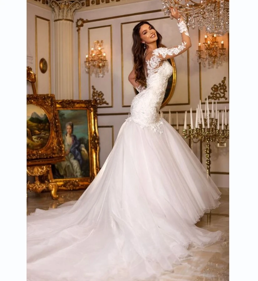 Romantico abito da sposa bianco con applique in tulle scollo a v manica lunga sirena formale abito da sposa lungo fino al pavimento muslimexmuslimymush35.