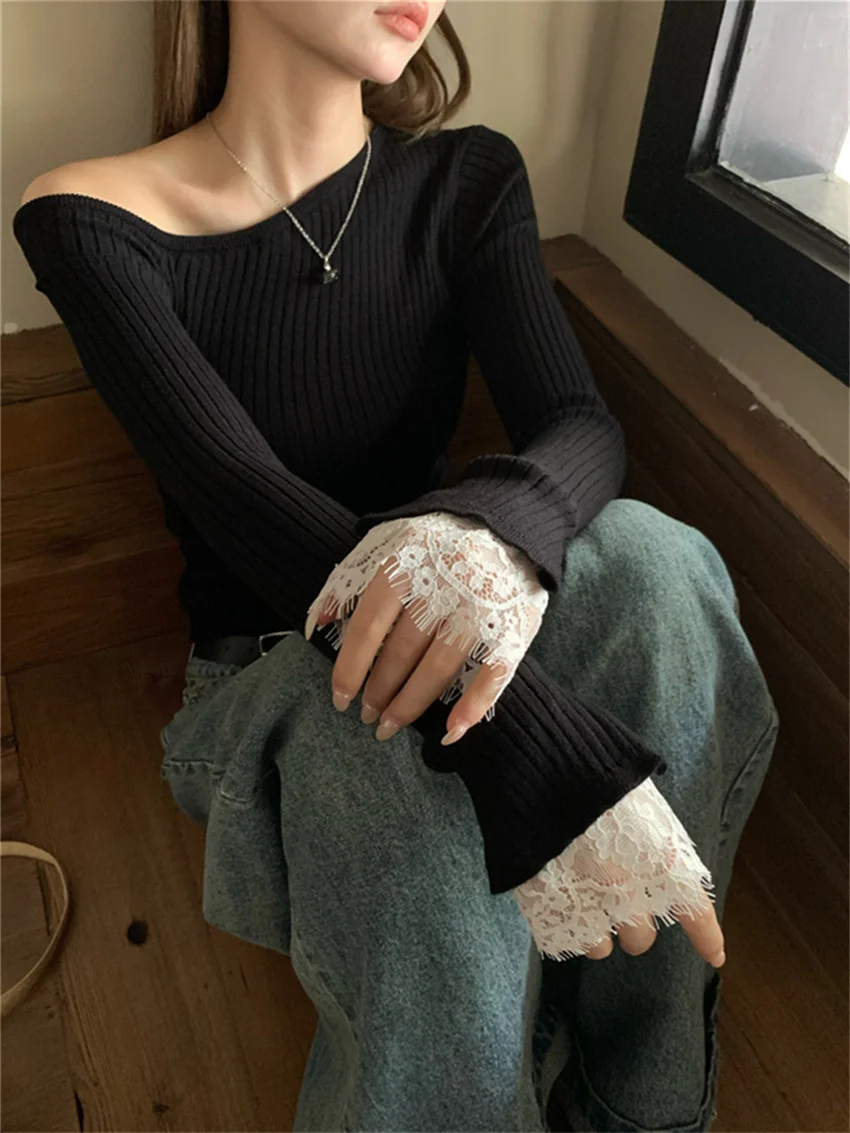 PLAMTEE Gentle Sweaters Office Lady Slim Women Knitted Chic Casual New Skew Collar Patchwork 2025 Lace Daily Pullovers Winter