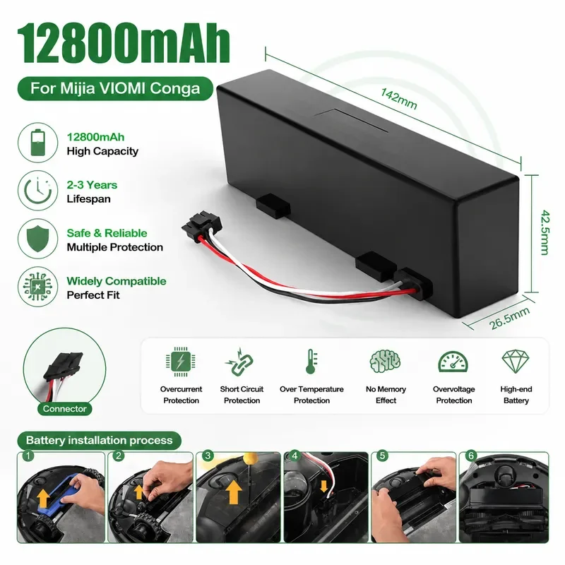 14.8V 12800mAh Rechargeable Battery For VIOMI V2 Pro VRVCLMB21B MVVC01-JG Sweeping Mopping Robot Vacuum Cleaner