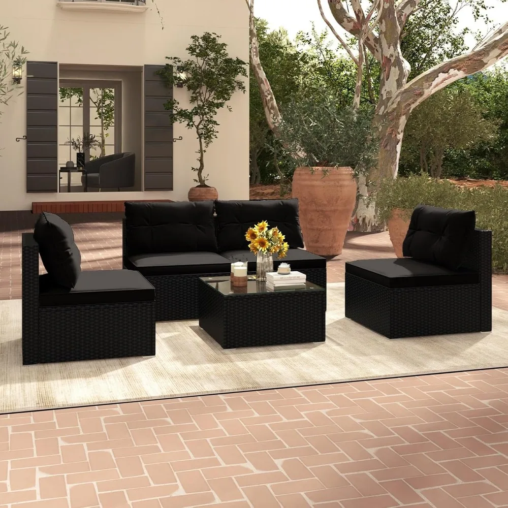 

5-piece outdoor terrace furniture set, rattan segmented sofa, coffee table with glass roof, soft seat and backrest cushion