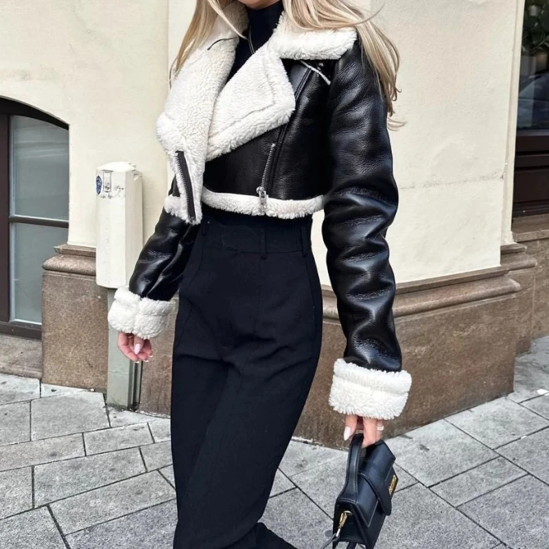 

2025 Новая зимняя цельная короткая уличная шикарная мотоциклетная куртка из меха и текстиля