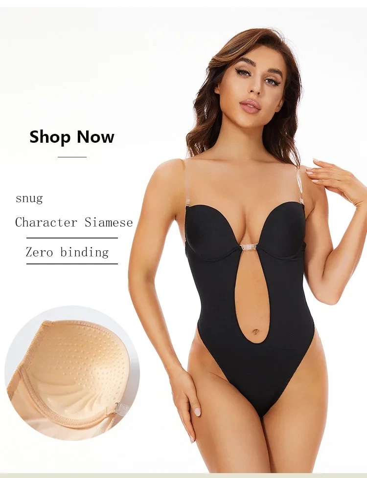 1 Piece Deep V-Neck Shapewear Bodysuit Women's Seamless Thong Lower Body Bra U Low Back No Back Corset Shaper