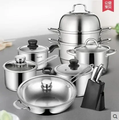 Cookware set nonstick pan stainless steel home frying soup pot set stovetop kithcen tools steamer frypan glass lid kitchenware