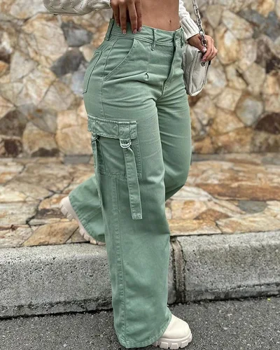 Pantalones cargo de cintura alta con diseño de bolsillo, pantalones de primavera y verano de color sólido para mujer, Safari