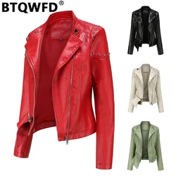 BTQWFD-Casaco de couro sintético feminino com bolsos, Tops de motociclista, jaquetas rebite, gola de stand, irregular, inverno, outono, novo, 2022