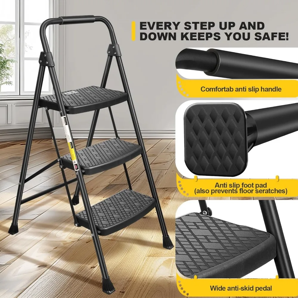 3 Step Ladder, Collapsible Non-Slip Treads Sturdy Steel Ladder, Portable Home Step Stool, Safe and Comfortable Handrail