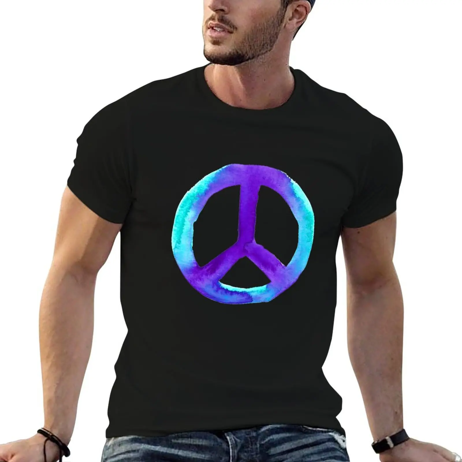 Turquoise Purple Tie Dye Peace Sign on black T-Shirt Holiday Outdoor T-Shirt