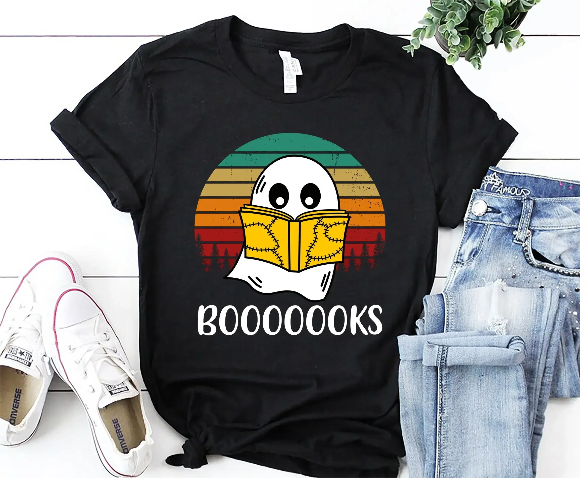 Ghost Books Booooks T Shirt Halloween Reading Librarian Bookworm Party Teacher
