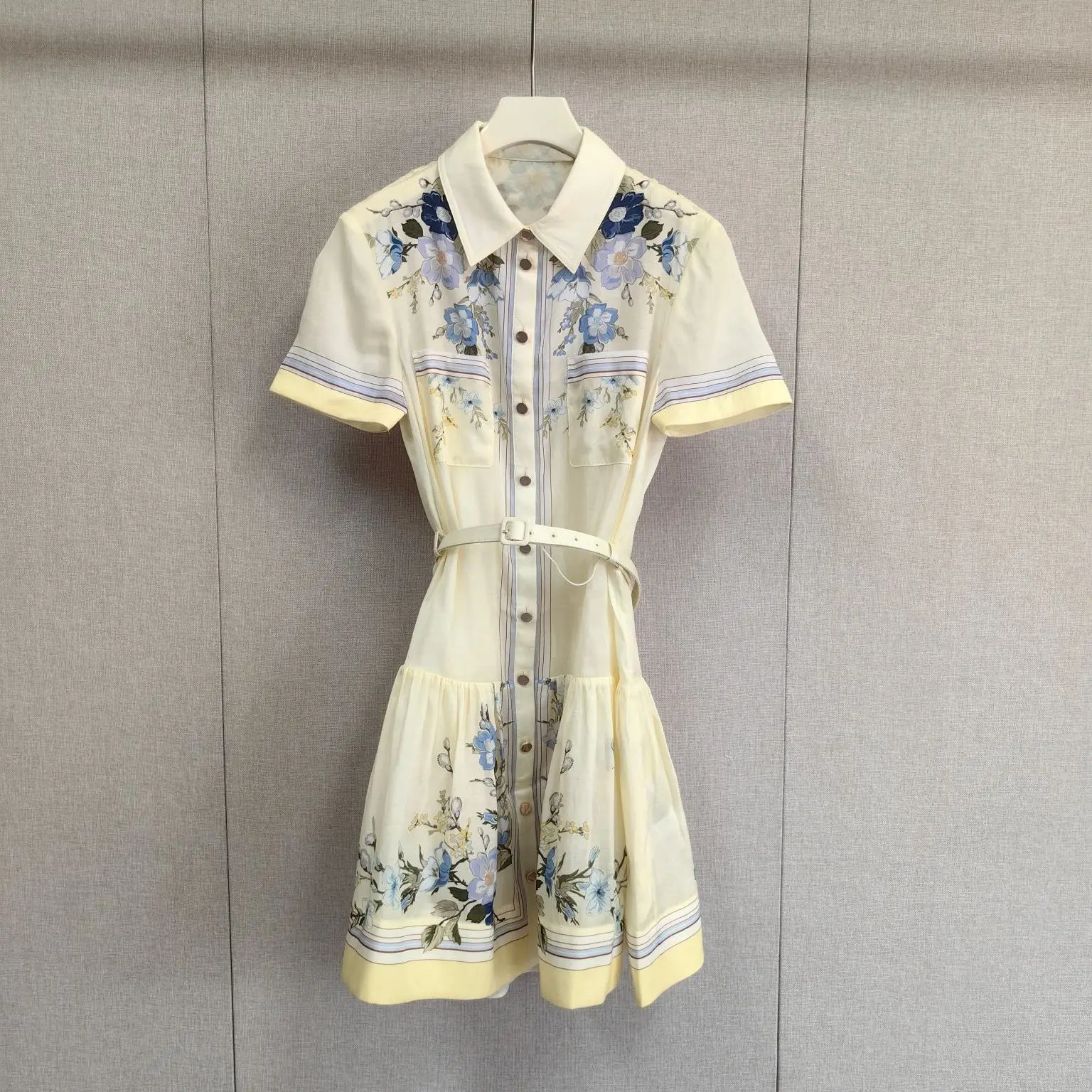 

French Style Floral Belted Shirt Dress One Shoulder Holiday Wind A-Line Midi Dress Vintage Turn-down Collar Gathered Waist