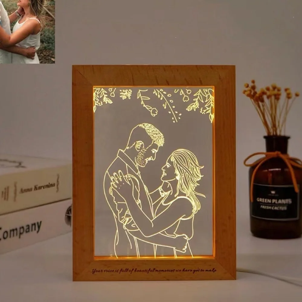 Personalized 3D Photo Frame Night Lamp Custom Couple Picture Frames Wooden Frame Unique Anniversary Wedding Christmas Gift