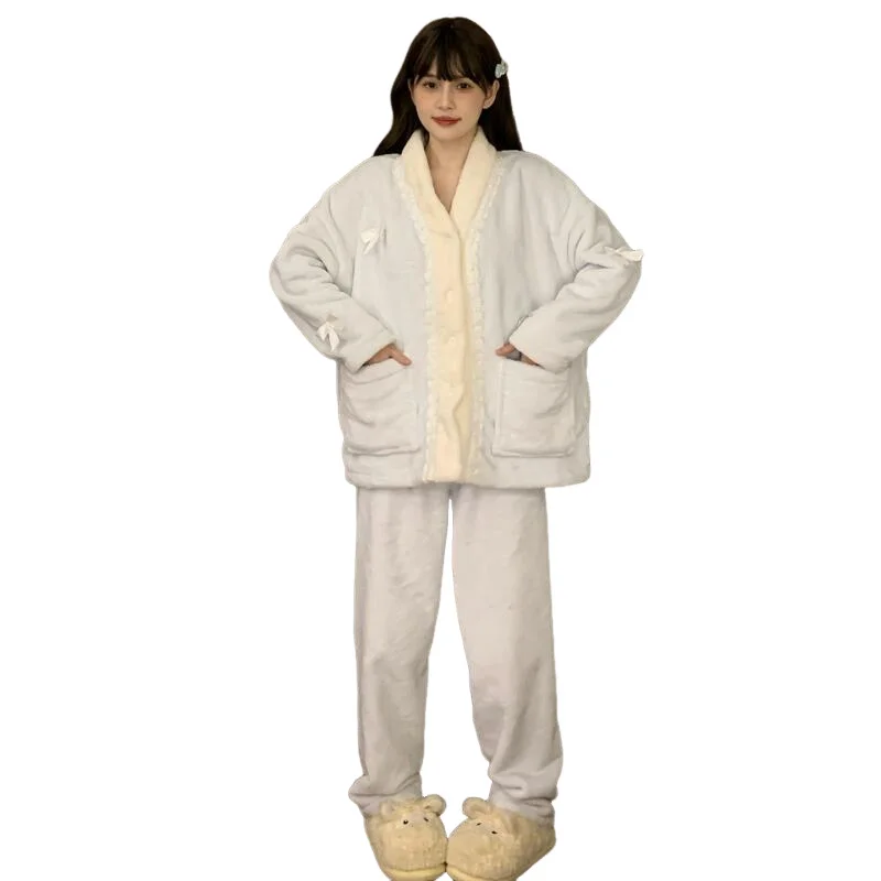 

Женская одежда, пижамы, осенне-зимний утепленный фланелевой воротник с бантом, коралловый флис, комплект домашней одежды для отдыха, брюки с длинными рукавами