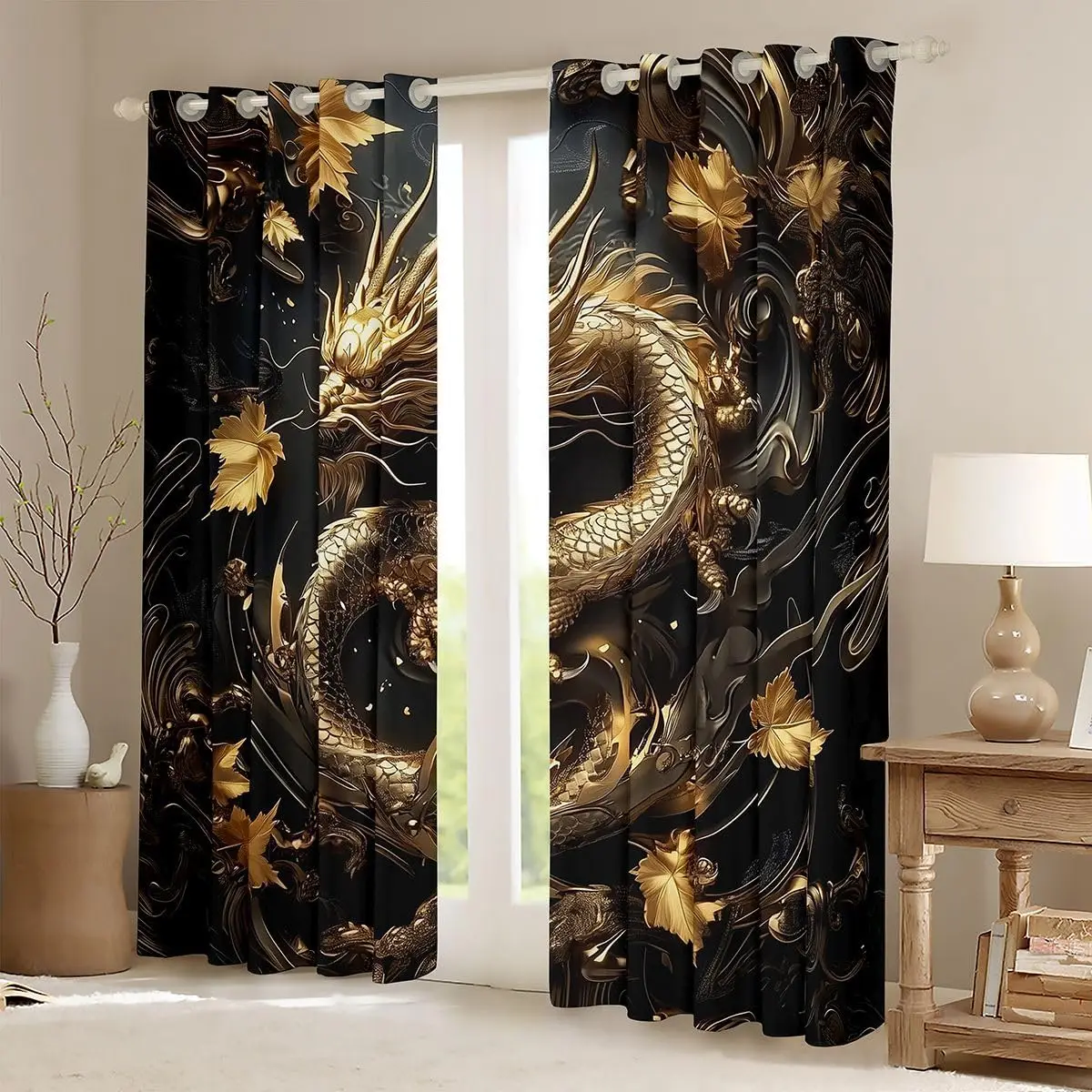 Feelyou Chinese Dragon Curtains for Bedroom Living Room Oriental Dragon Blackout Darkening Drapes Maple Leaves Window Treatments