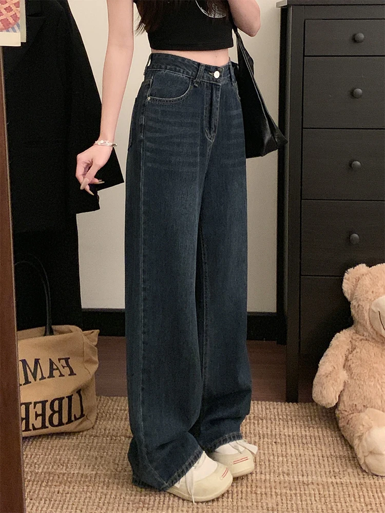 

Свободные прямые джинсы с синими глазами, женские весенне-осенние повседневные широкие брюки с высокой талией, утягивающий дизайн, длинные брюки большого размера...