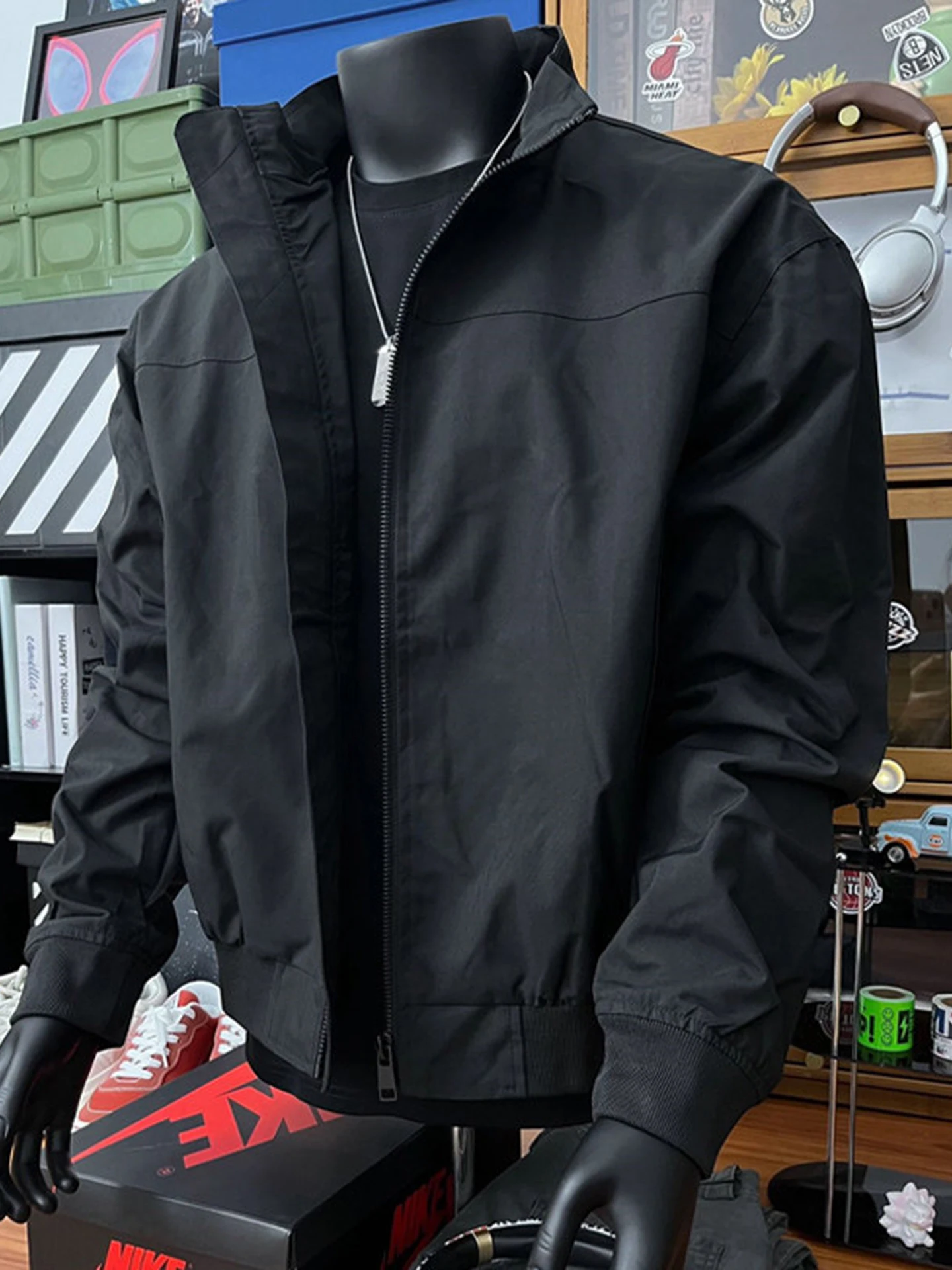 Black American Style Flight Jacket Short Baseball Vest Three-Proof Spring Autumn Men's Fashion Polyester Fiber Long Sleeve Zi...