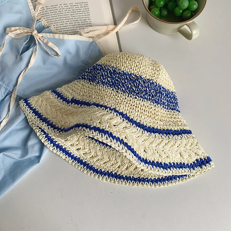 Dopamine Blue Striped Woven Sun Bucket Hat Women Spring and Summer Big Brim Seaside Beach Sunshade Straw Hat
