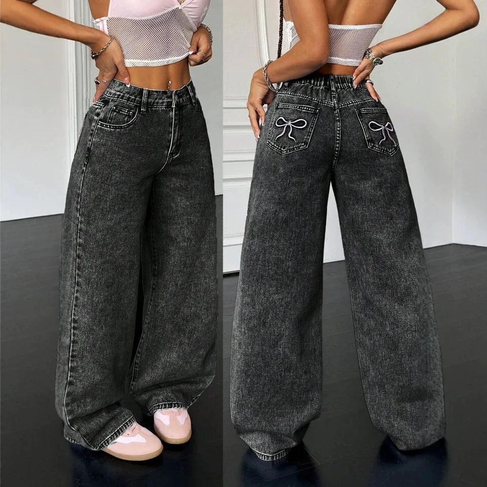 Casual Women Dark Gray Acid Wash Wide Leg Jeans Butterfly Embroidery Loose Floor‑Length Denim Trousers