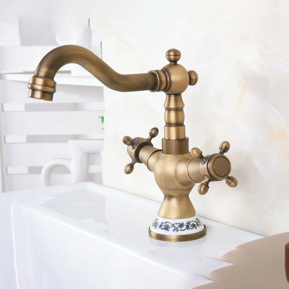 

Basin Faucets Antique Brass Bathroom Sink Faucet 360 Degree Swivel Spout Double Cross Handle Bath kitchen Mixer Taps znf601