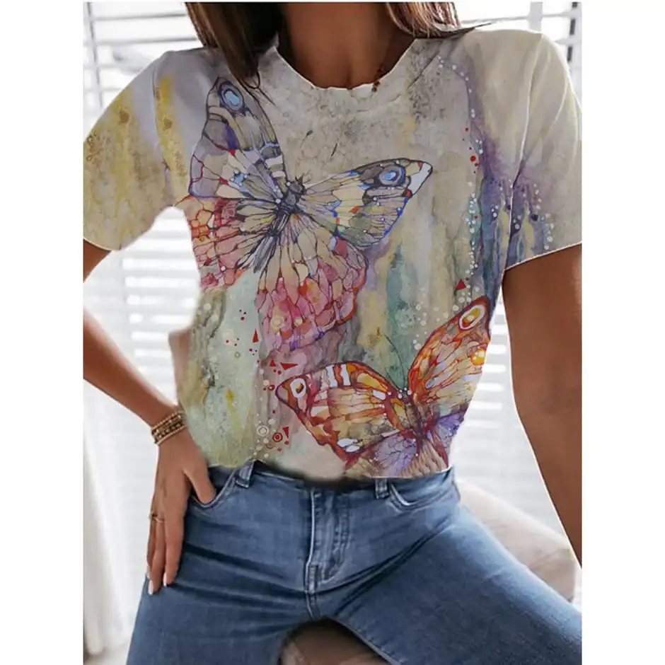 Colorful Flower Floral Butterfly 3D Print T-Shirts Women's Round-Neck Short Sleeve T Shirt Harajuku Tees Y2k Top Female Clothing