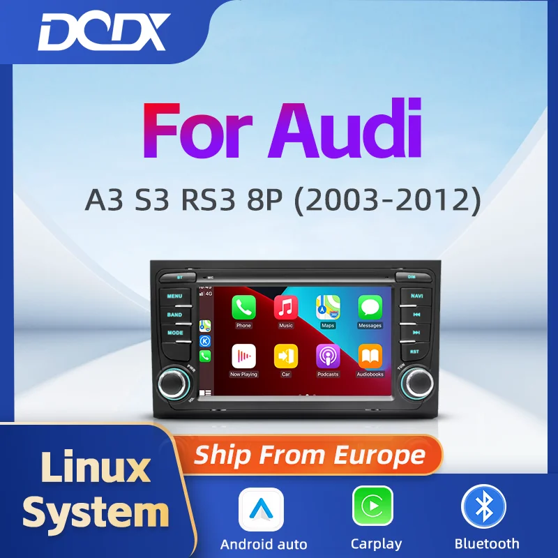 Système intelligent de radio de voiture Linux 7 pouces pour Audi A3 8P 2003-2012 S3 RS3, navigation GPS, CarPlay sans fil, Android Auto, écran tactile, lecteur DVD, DSP, RDS, AM, FM