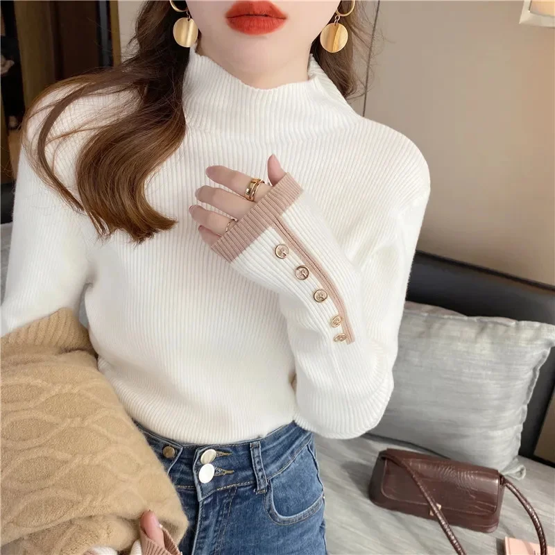 

Autumn Winter Thick Knitted Sweater Women Fashion Korean Half Turtleneck Long Sleeve Sweater Harajuku All Match Warm Jumper