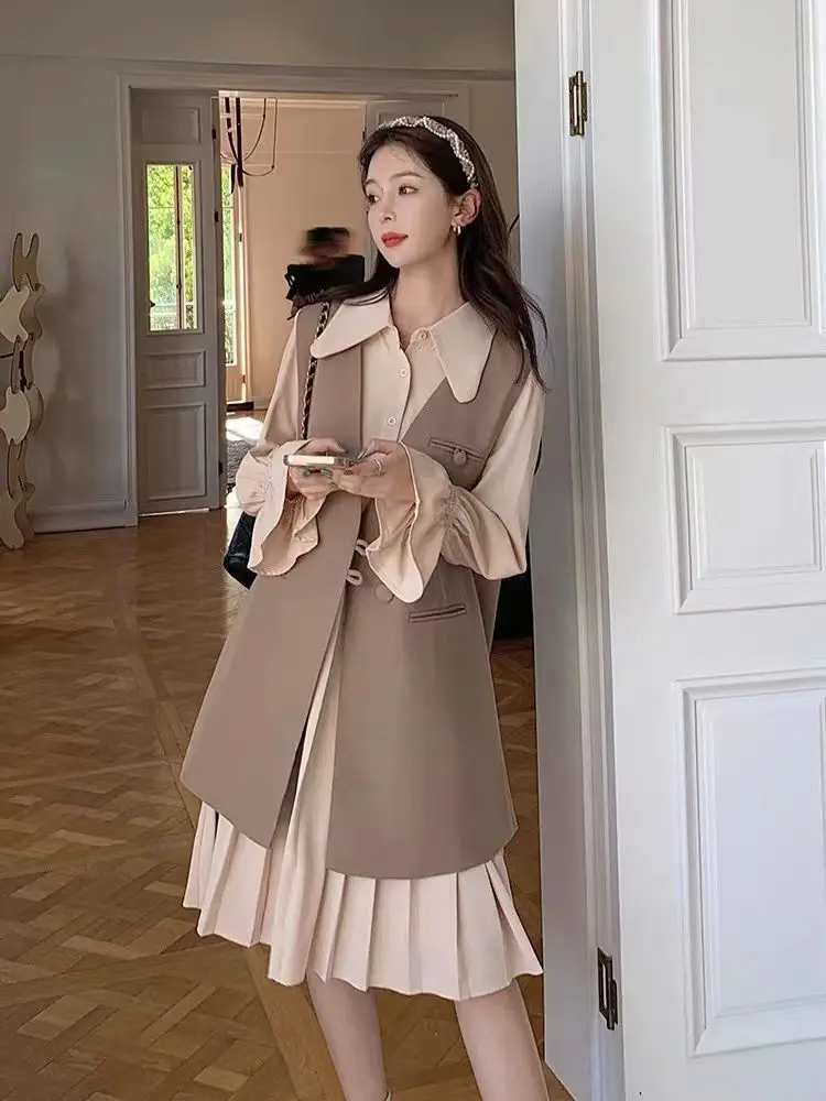 2024 Women's Medium to Long Fashionable and Stylish Loose Shirt with Hundred Fold Dress 2-piece Set