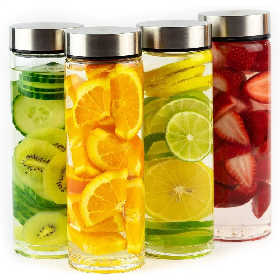 

Juice Bottles 4 Pack Wide Mouth Glass Bottles with Lids for Juicing Smoothies Infused Water Beverage Storage 16oz BPA Free Stai