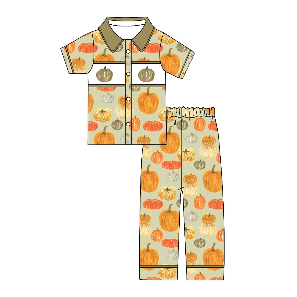 New Boutique boy's set collared short-sleeved trousers heart pocket Thanksgiving pumpkin turkey print