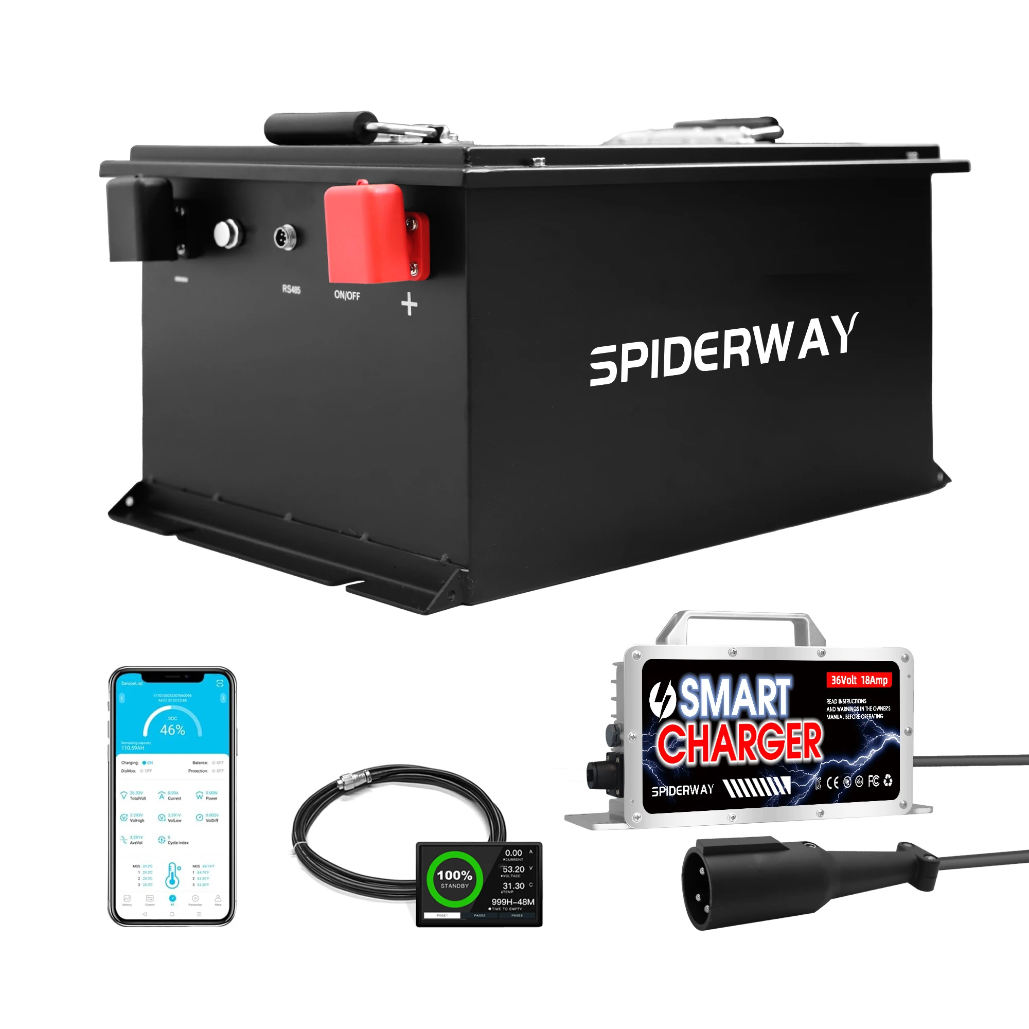 أسود 36 فولت 105 أمبير عربة جولف LiFePO4 بطارية ليثيوم 200A BMS 6000 + دورة شاشة LCD 7 كيلو وات