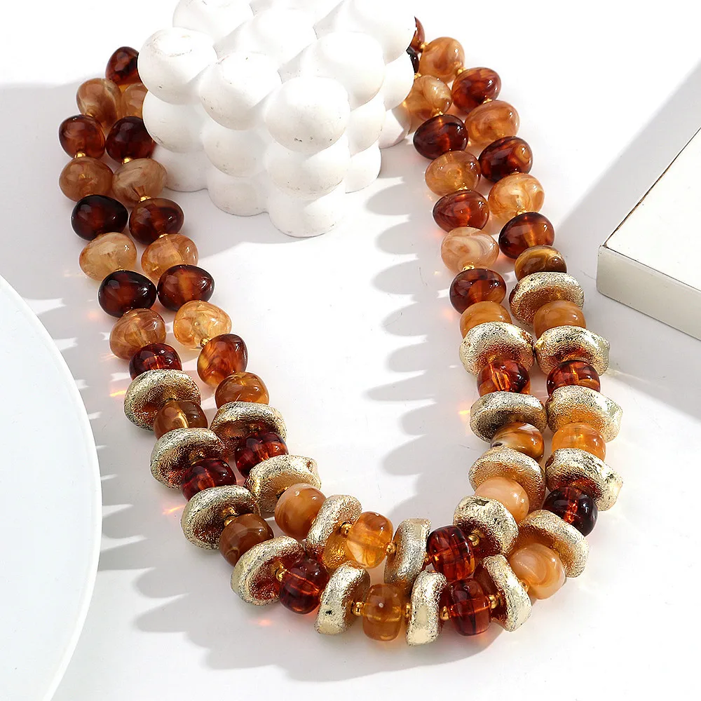 Vintage Amber Resin Irregular Beads Choker Necklace for Women Trendy Handmade Acrylic Double Layer Collar Popular Jewelry Gift