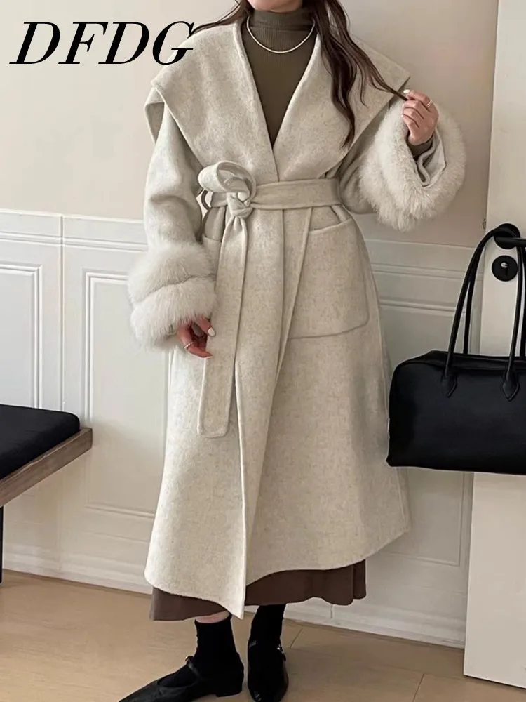 

DFDG 2025 Fall Winter Women's Double Faced Cashmere Wool Blend Coat Oversized Long Overcoat Designer Slimming Warm Woolen Coat