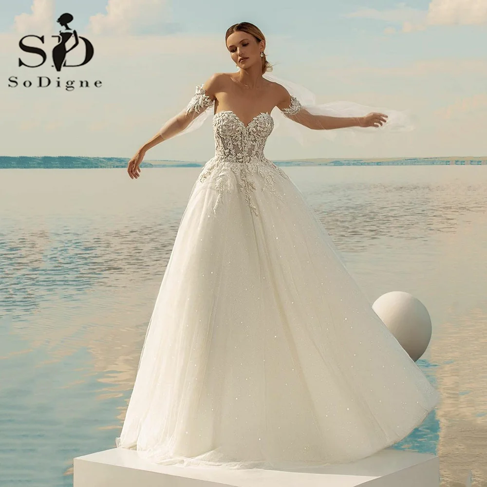 

SoDigne Glitter Tulle Wedding Dresses A Line Detachable Sleeves Bridal Dresses Beach Wedding Party Gowns 2022