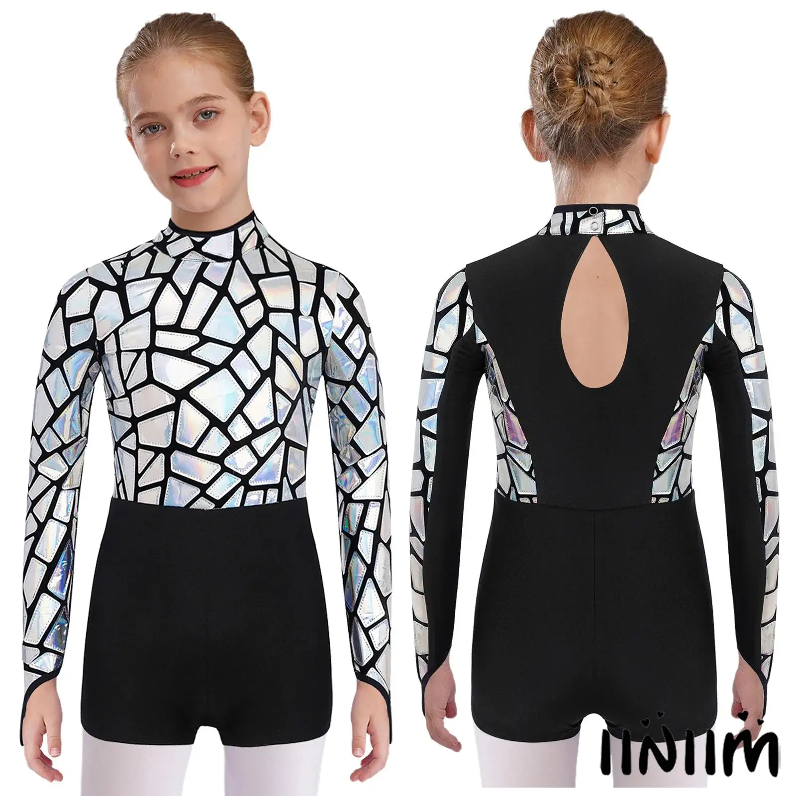 Girl Metallic Sequins Jazz Dance Outfit Mock Neck Long Sleeve Keyhole Back Leotard Jumpsuit for Hip Hop Street Dance Performance