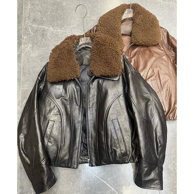 Winter donsjack dames geïmporteerd koud brouwen olie wax schapenvacht ganzendons jas wollen bontkraag rits losse korte gewatteerde jas