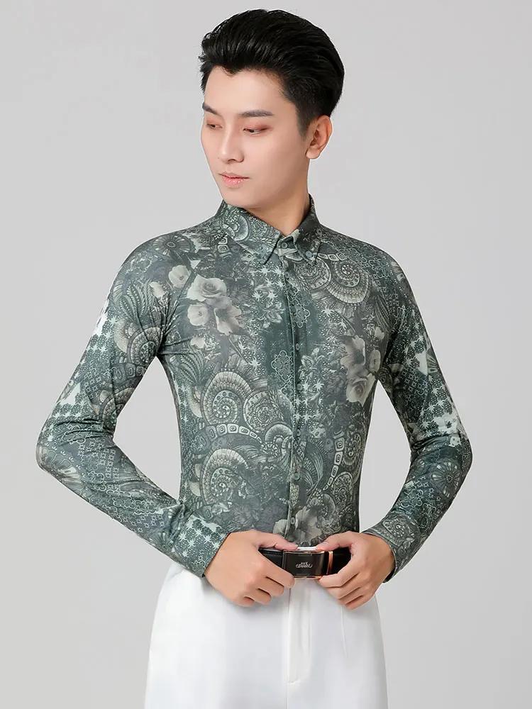 

Топ для современных танцев 2025 года, мужская новая одежда для соревнований, модный мужской топ с длинными рукавами и принтом для танцевальной практики, латинский топ