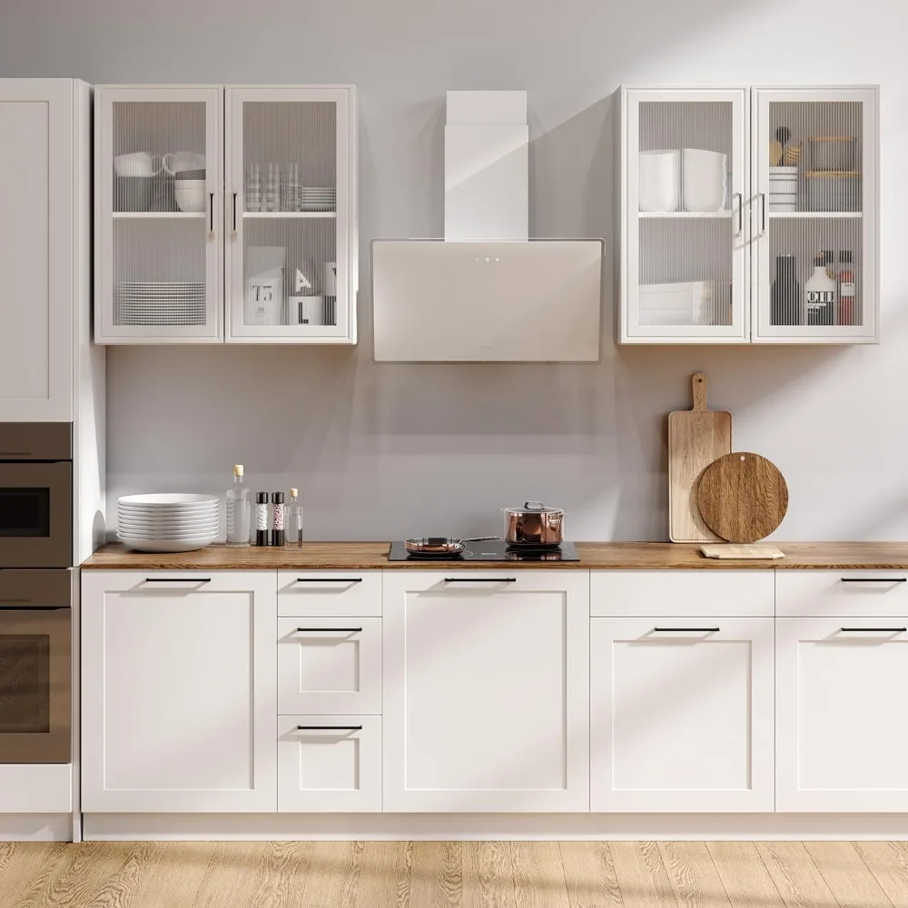 Kitchen Wall Cabinets 4 Doors - Laundry Wall Mounted Storage Cabinets with Acrylic Soft Glass Doors, Easy To Install, Cupboard