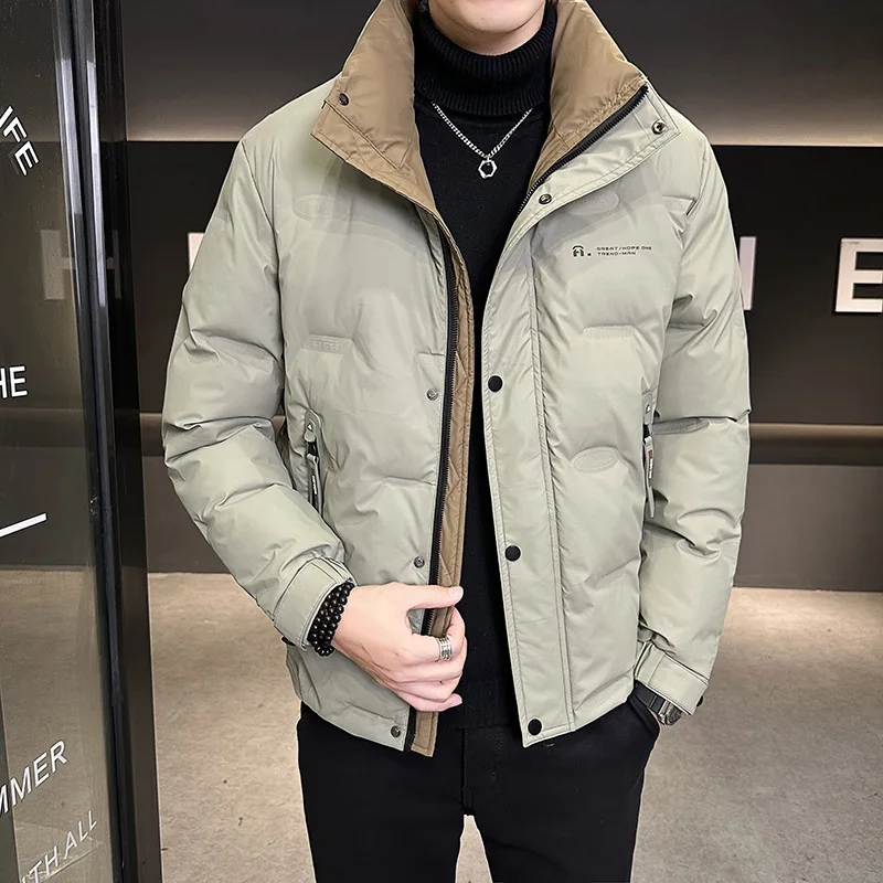 Men's White Duck Down Jacket Fall Winter Fashion Male Outwarer Stand Up Stand Up Thick Warm Color Blocked Short Down Jacket