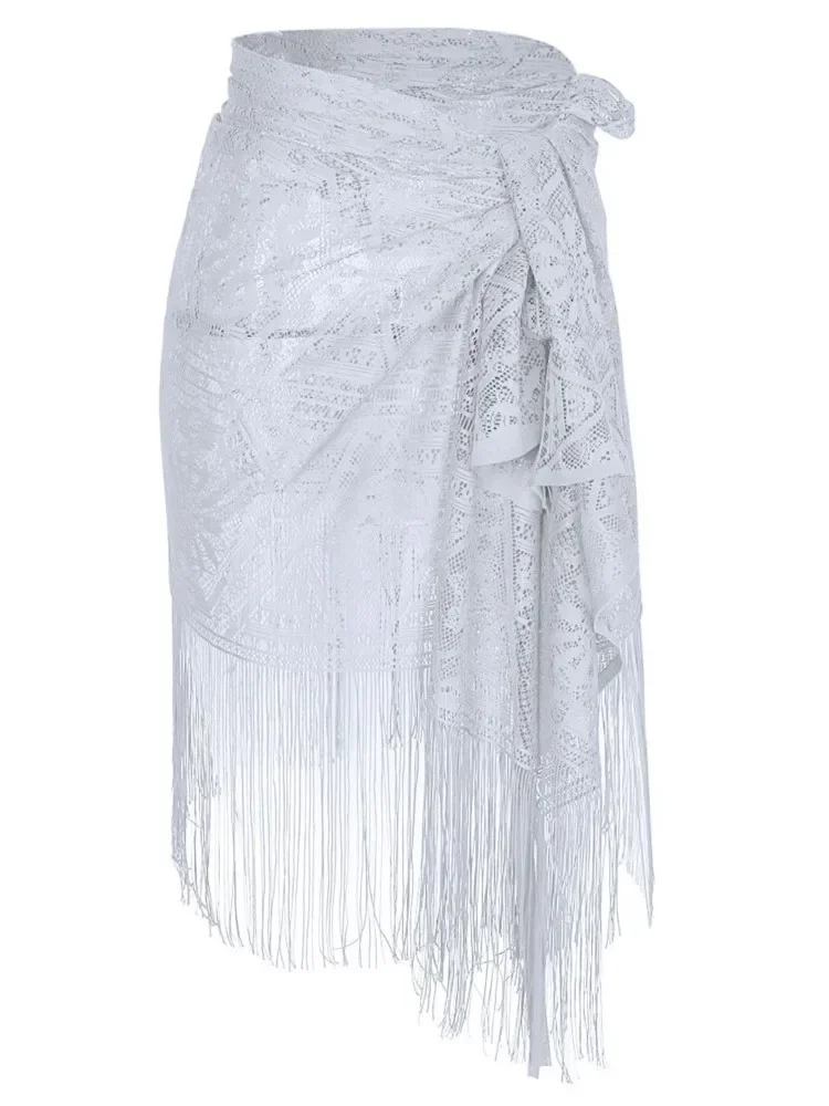 

New Arrival Women Tassels Hollow Out Cover Up Solid Color Beach Dress Sexy Wrap Skirt Binding Rope Beach Wear Sarong