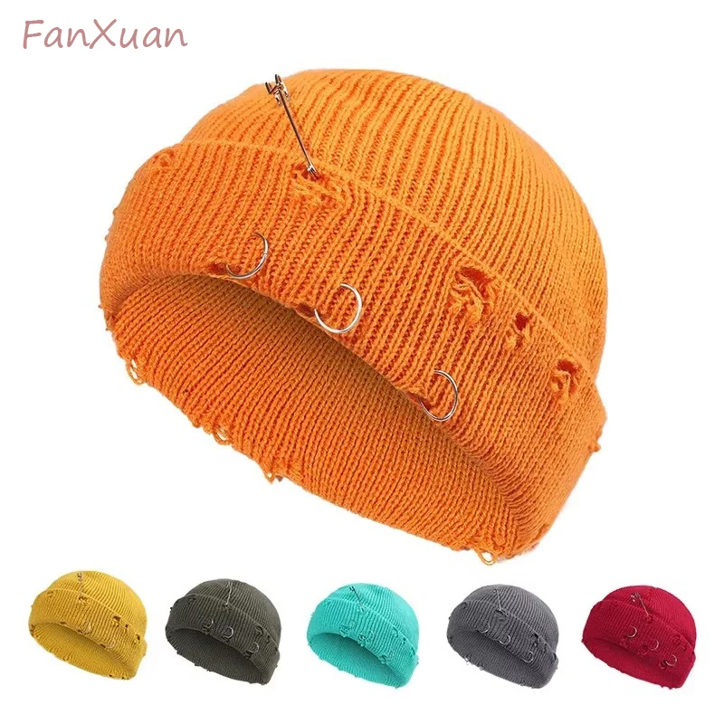 9 Colors Winter Autumn Knitted Short Beanies for Women Men Winter Caps with Metal Hoops Pins Y2K Cool Hip-hop Hats Skullcap