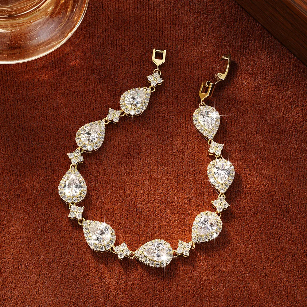 Abestecom D Color VVS1 GRA Certified Multi-Stone 14K Gold Plated Pear Cut Moissanite Tennis Bracelet Wedding Women Fine Jewelry 6