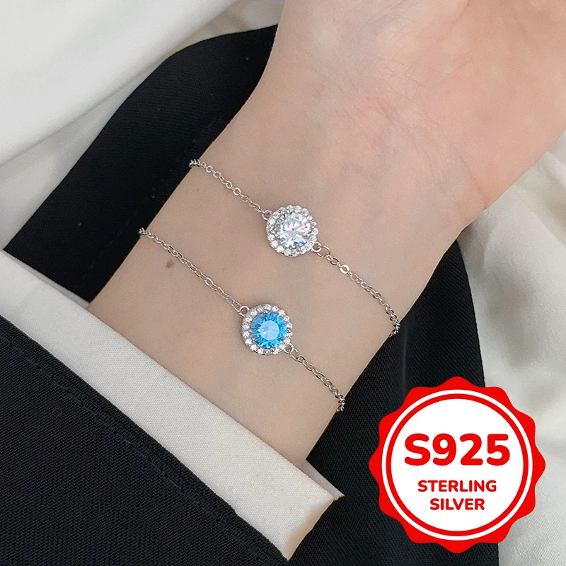 

s925 sterling silver blue zircon round bracelet women's temperament high-end light luxury elegant simple fashion classic daily
