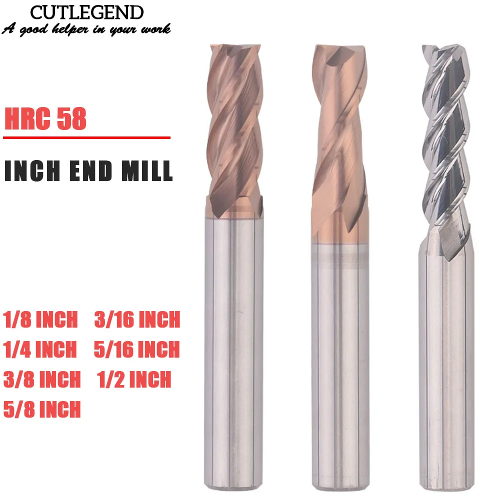 Tungstênio Aço Fresa, CNC End Mill, Aço, 1/8, 3/16, 1/4, 5/16, 3/8, 1/2, 5/8 \