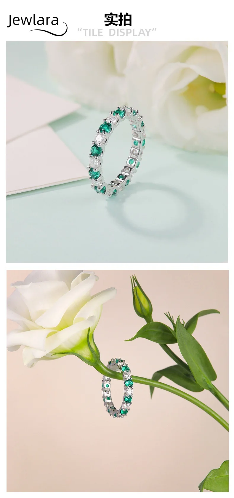 Jewlara 925 Sterling Silver Lab-Grown Emerald Row Ring, Fashion Light Luxury Moissanite Full Diamond Ring for Women