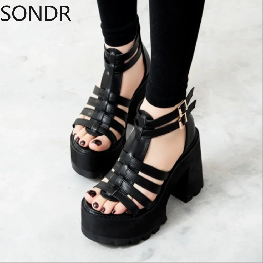 Womens Roman Buckle Strap Cut Out Chunky Heels Platform Punk Black Sandals Zip Roma Shoes Roman Gladiator